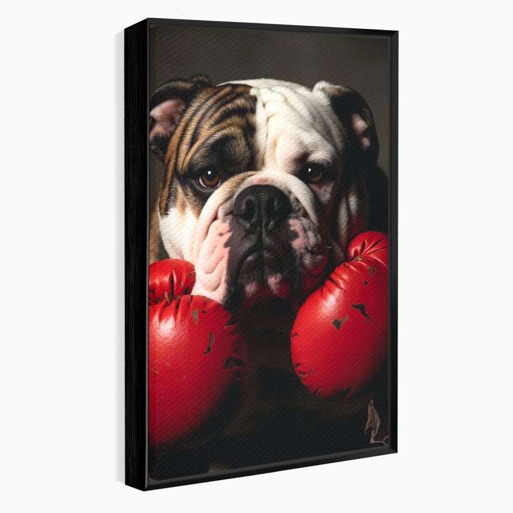 Tablou canvas cu tablou canvas cu bulldog in manusi de box, in rama de aluminiu negru